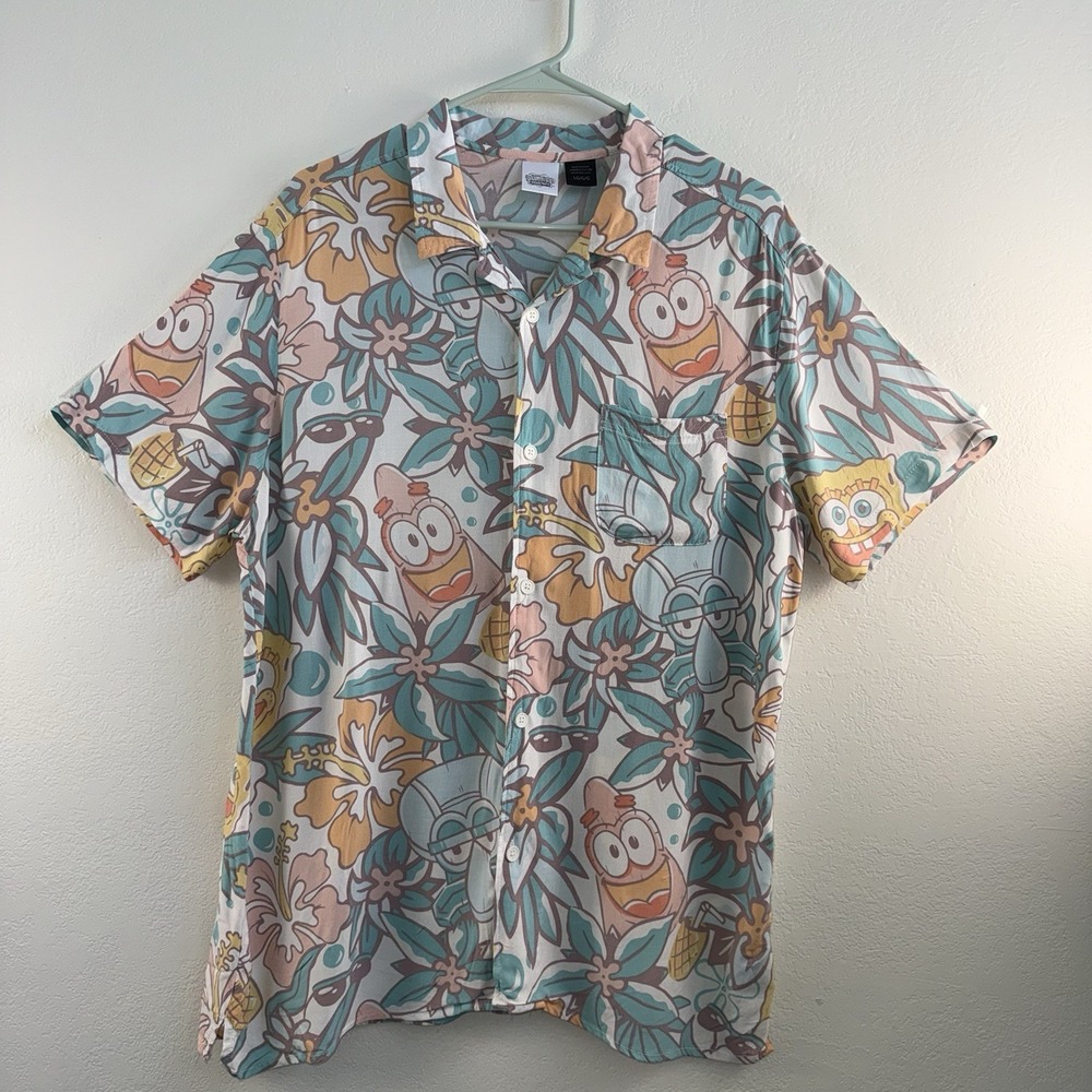 SpongeBob SquarePants Hawaiian Shirt Men LARGE Nickelodeon Cartoon AlohaButtonUp